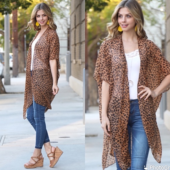 Boho Cheetah Animal Kimono Wrap Swim Coverup OS - Picture 3 of 5